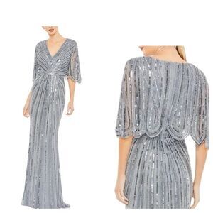 Mac Duggal 93583 Cape Sleeve Sequin Gown in Slate Blue | Size 8